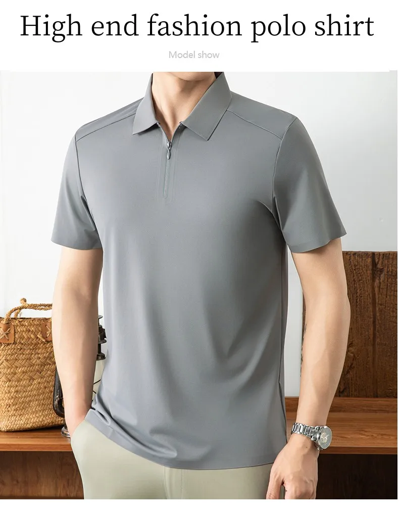 Luxuriöses Herren-Poloshirt mit halbem Reißverschluss kurzärmelig einfarbig hochwertige Eisseide atmungsaktiv Sommer neu lässig modisch T-Shirt – Detail 2