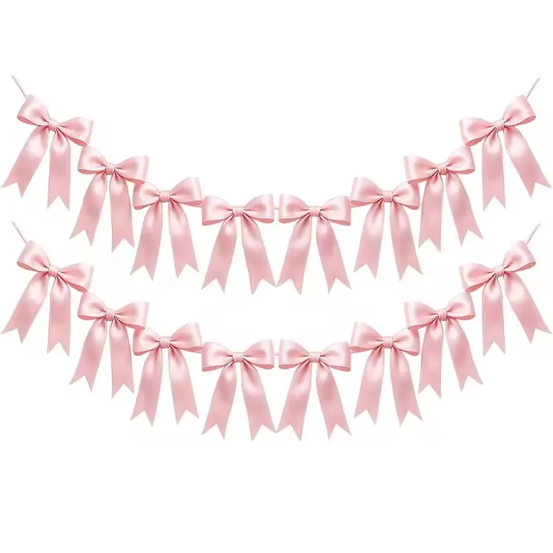 Pink Bowknot Ribbon Garland Flag for Kids Birthday Party ,Bridal Shower,Wedding,Baby Shower Christmas Satin Ribbon Home Ornament