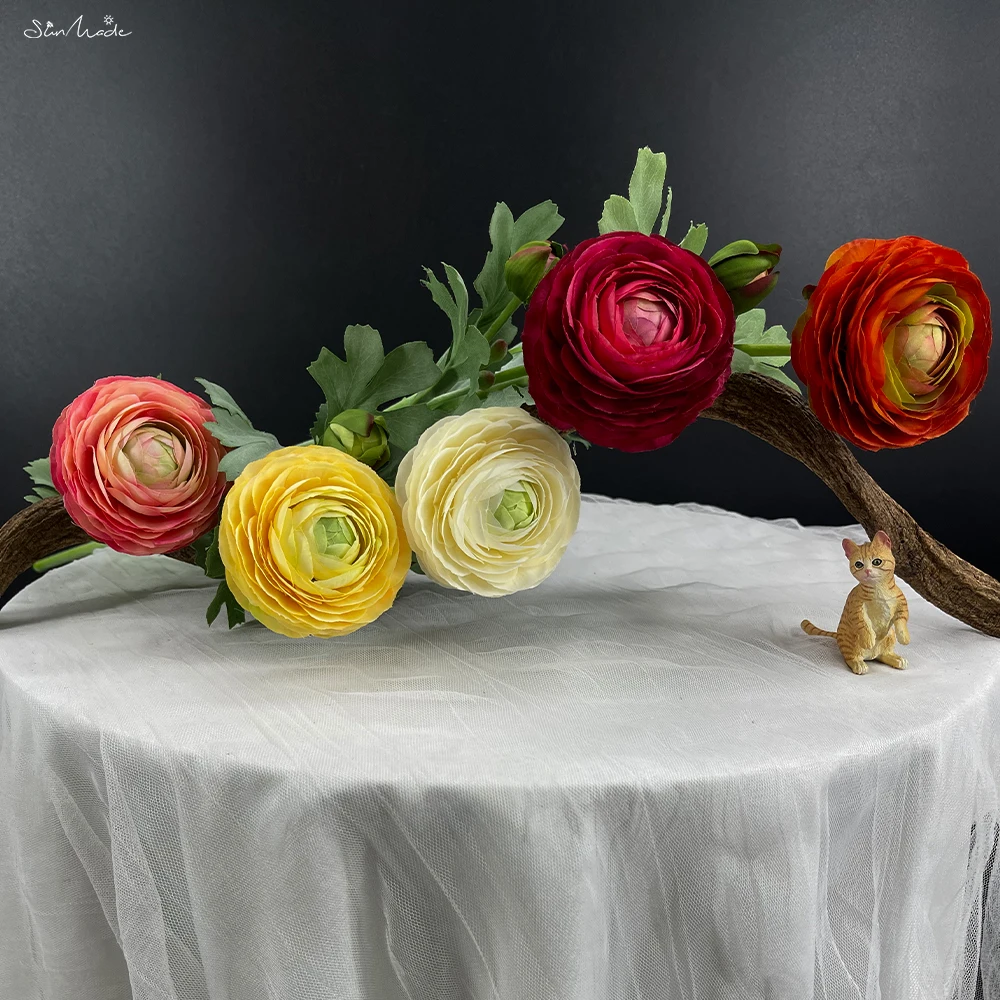 SunMade Ins 2-Head Ranunculus Branch Wedding Table Decoration Room Decor Fake Plants Flower Arrangement Supplies Marriage Flores