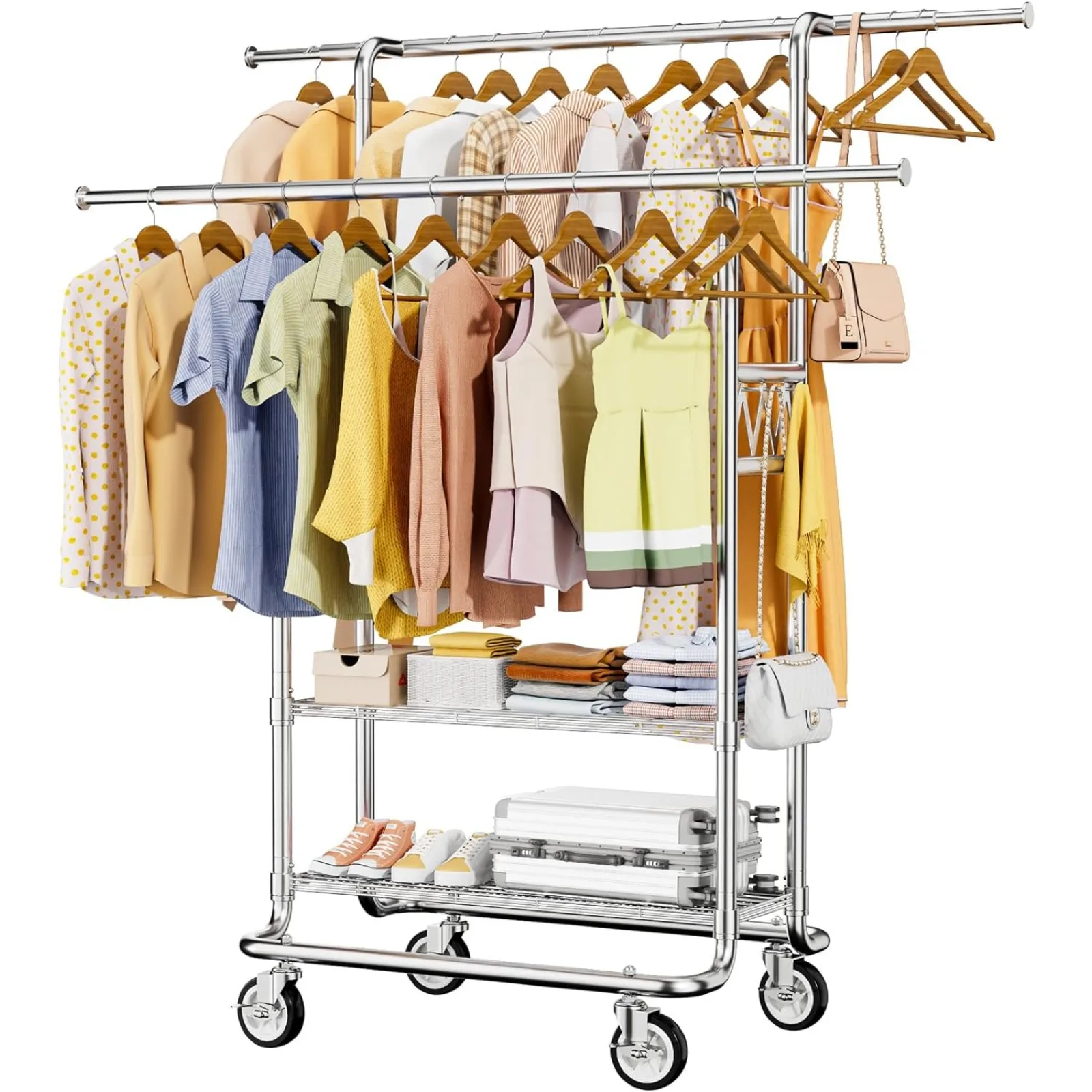 US Clothes Garment Rack, Rolling Heavy Duty Clothes Rack With Shelves & Wheels Load 650 LBS, Double Rod Clothing Racks for