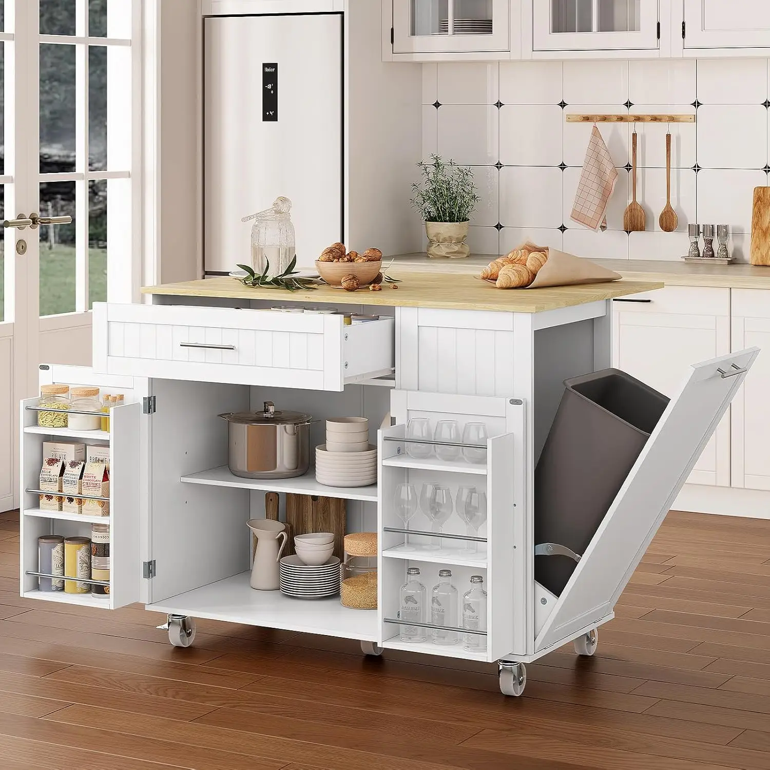 

Kitchen Island with Storage, 31.5" D Rolling Kitchen Island Cart on Wheels with Widen Drop Leaf Rubberwood Top, Large