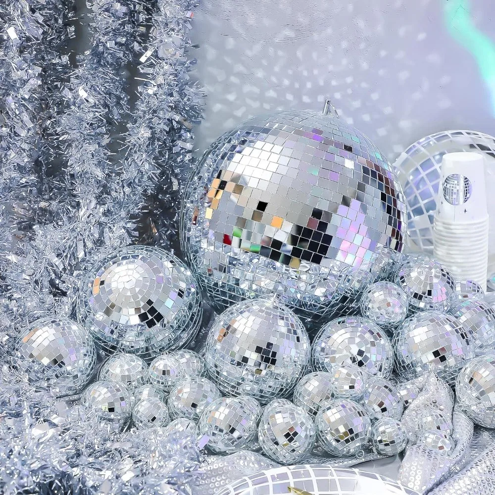 Christmas Mirror Disco Balls Ornaments Different Sizes Bulk Reflective Hanging Disco Ball Decorations 70s Disco Themed 65 Pcs