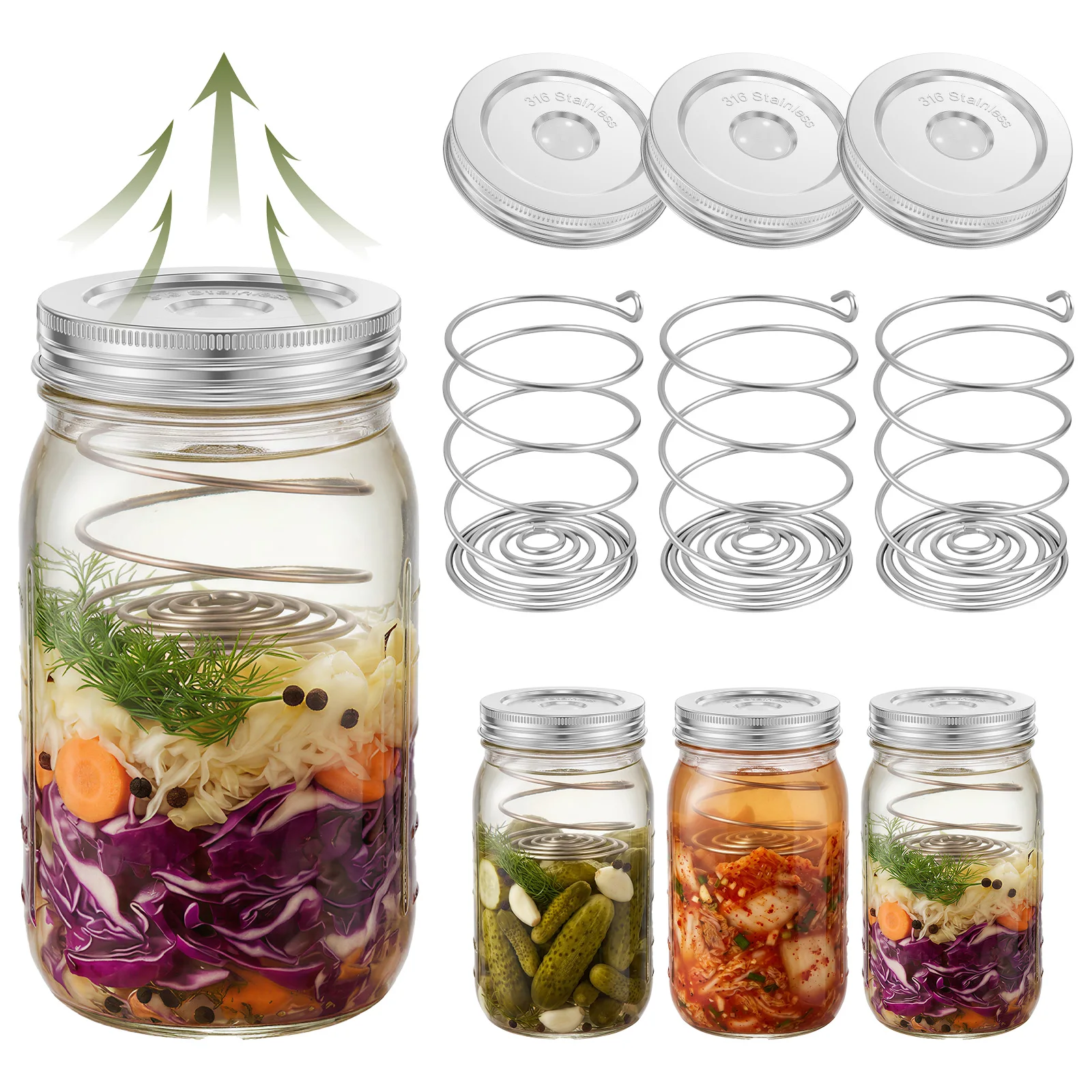 Stainless Steel Fermentation Lids Kit with Springs/Date Tracker Reusable Wide Mouth Mason Jars Lids for Pickle Kimchi Sauerkraut