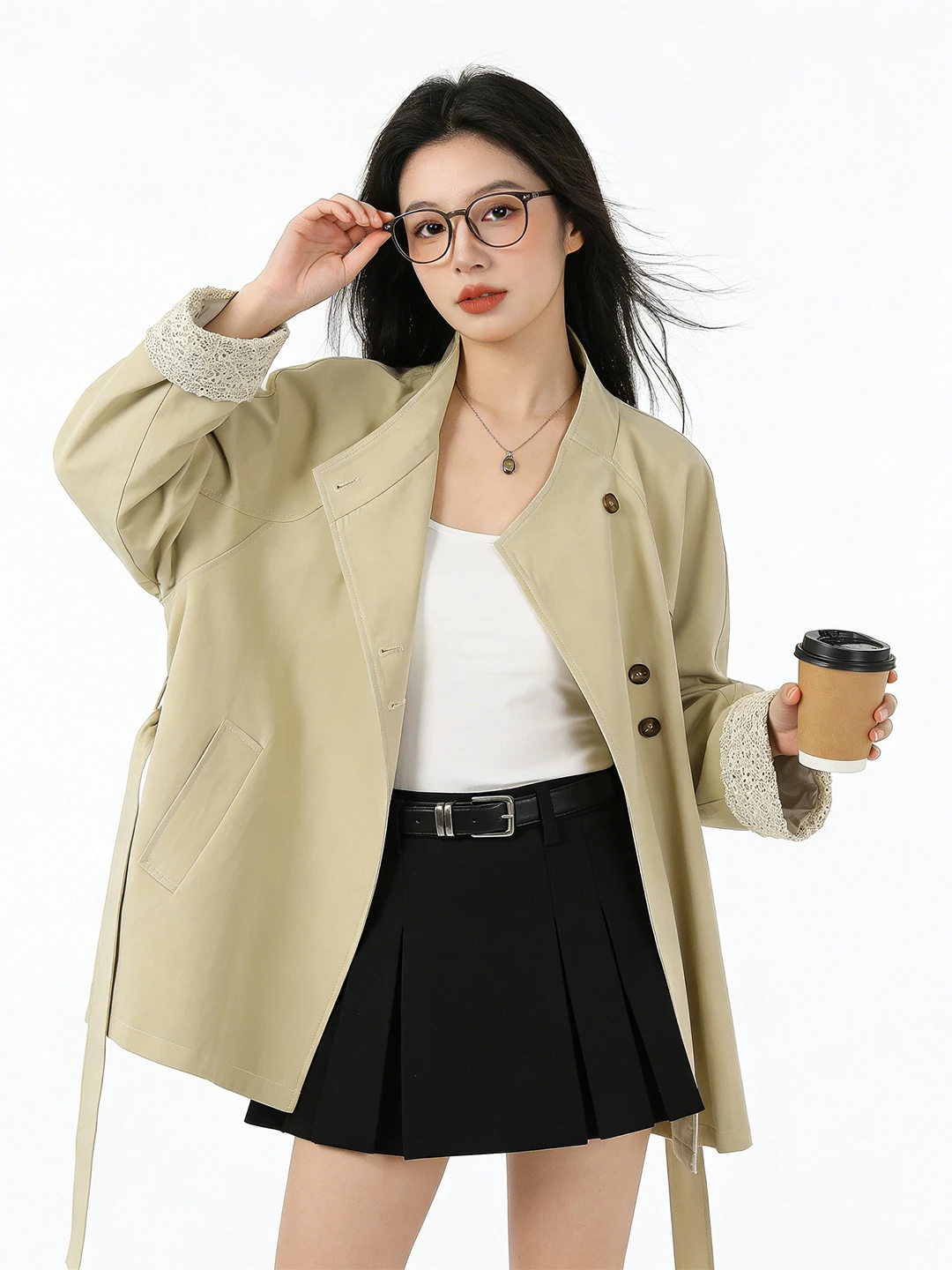 

Пальто Ele Commuter с кружевными вставками, средней длины, повседневное, с воротником-стойкой, в британском стиле, маленького размера, дышащее, с длинными рукавами, без подкладки