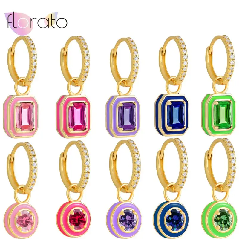

925 Sterling Silver Needle European American Fashion Enamel Round/Rectangular Drop-Glue Inlaid Zircon Pendant Hoop Earrings Gift