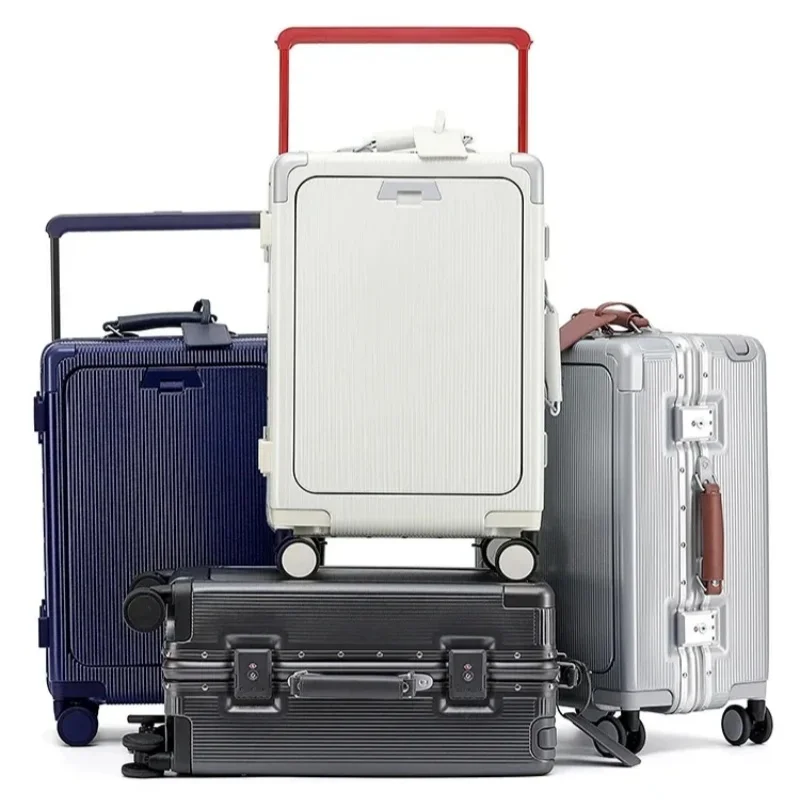 جديد الجبهة افتتاح جيب المتداول الأمتعة سبائك الألومنيوم الإطار واسعة مقبض عربة حقيبة مع عجلة USB شحن المكونات قفل TSA