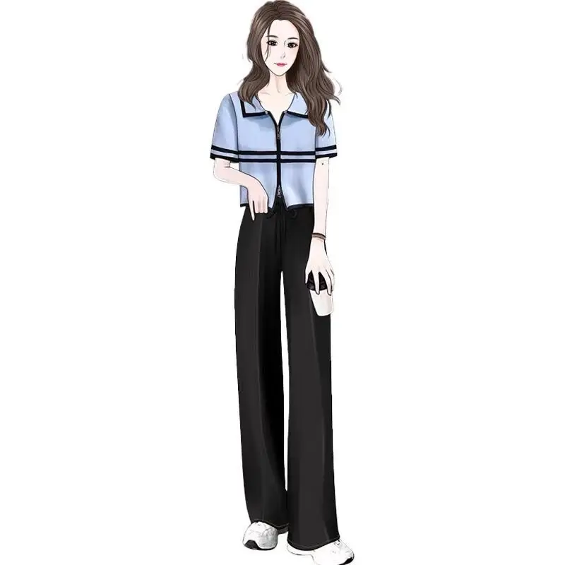 Women Summer Slim Zipper Short Sweatshirts Long Pants 1 or 2 Piece Set Korean Lady Blue Patchwork T Shirt Wide Leg Trousers Suit