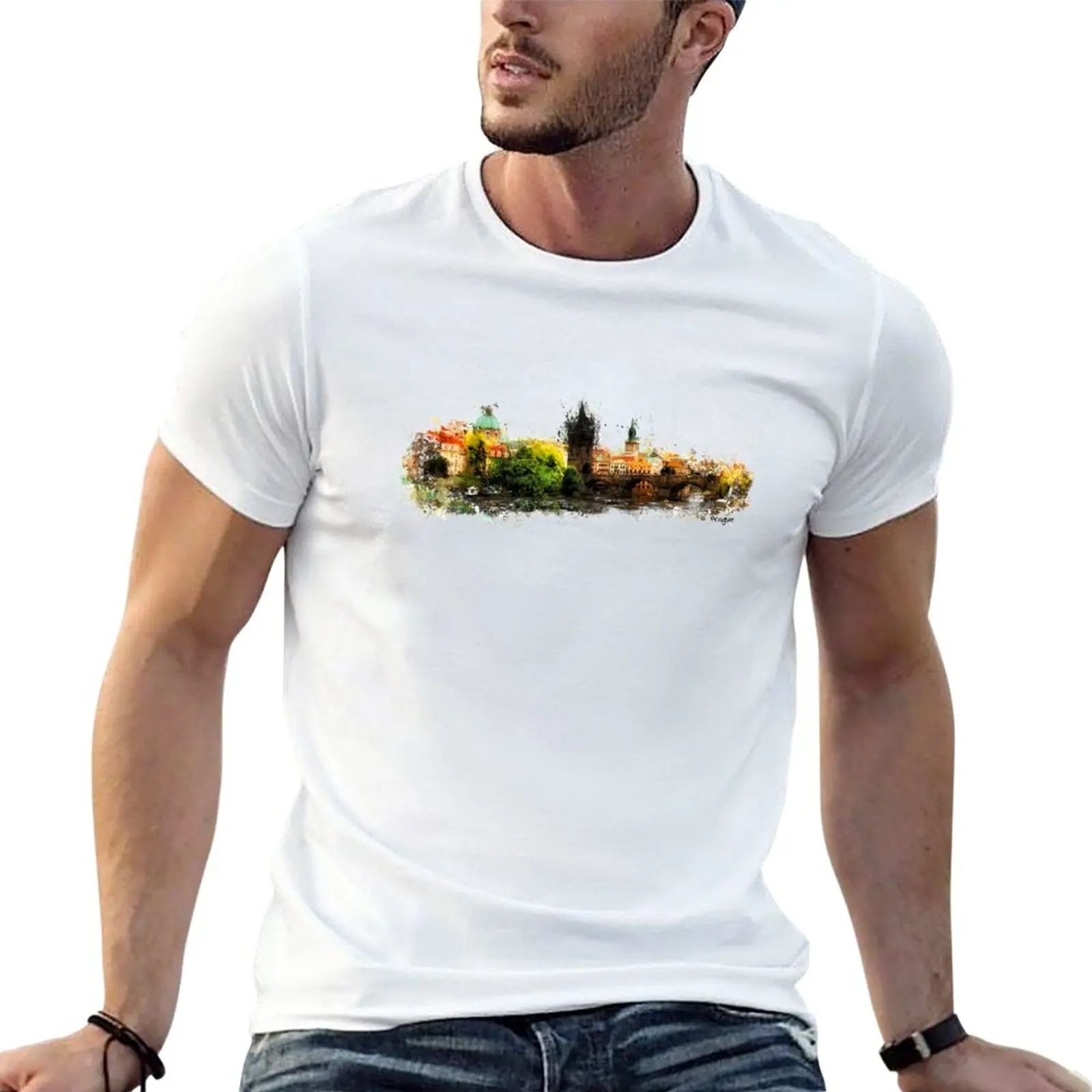 Prague panorame T-Shirt korean fashion Aesthetic clothing Tee shirt mens graphic t-shirts