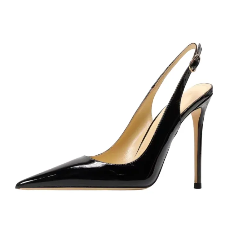 

2026 Summer New Black Lacquer Leather Pointed Fine Heel Strap Back Empty Single Shoe Rear Tripping Sandals for Women