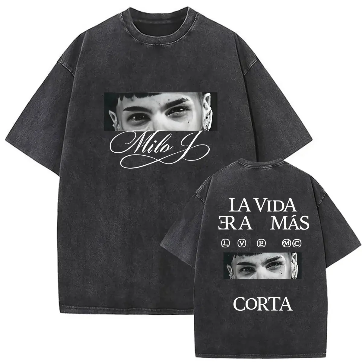 Vintage Washed Milo J La Vida Era Mas Corta  Album 2026 Graphic T Shirt Men's Hip Hop Pop Music Short Sleeve T-shirts Streetwear