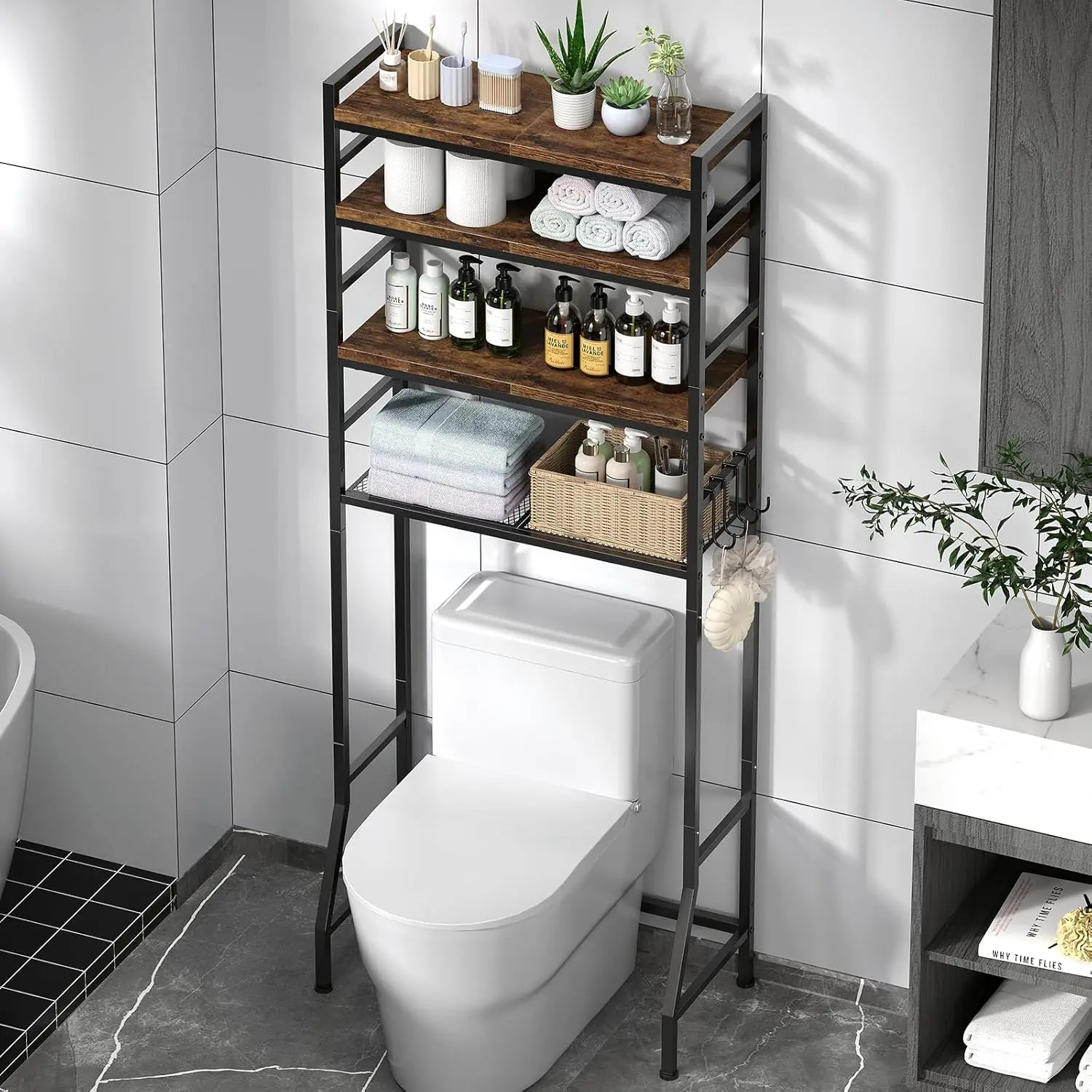 

Over The Toilet Storage Rack,4-Tier Over Toilet Bathroom Organizer with Adjustable Wooden Shelves,Freestanding Space Sav