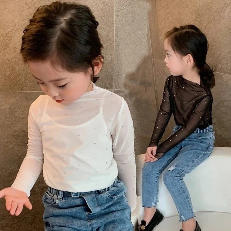 1pcs Girls Long-sleeved Mesh Tee Baby Hollow-out T-shirt Children's Transparent Sequins Fashion New Style Basic TShirt Child Top