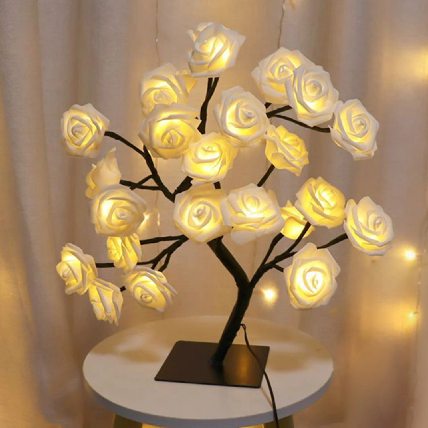 Exquisite USB Powered Gorgeous Rose Flower Tree Lights with 24 LED Bulbs - Ideal Table Lamp Decoration for Christmas Parties, We