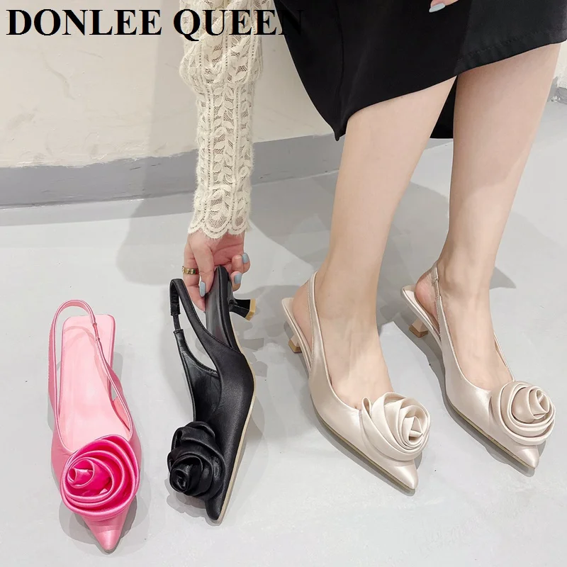 Fashion Brand Flower Slingbacks Sandals Women Thin High Heels Pointed Toe Mules Shoes Wedding Bridal Ladies  Elegant Dress Shoes