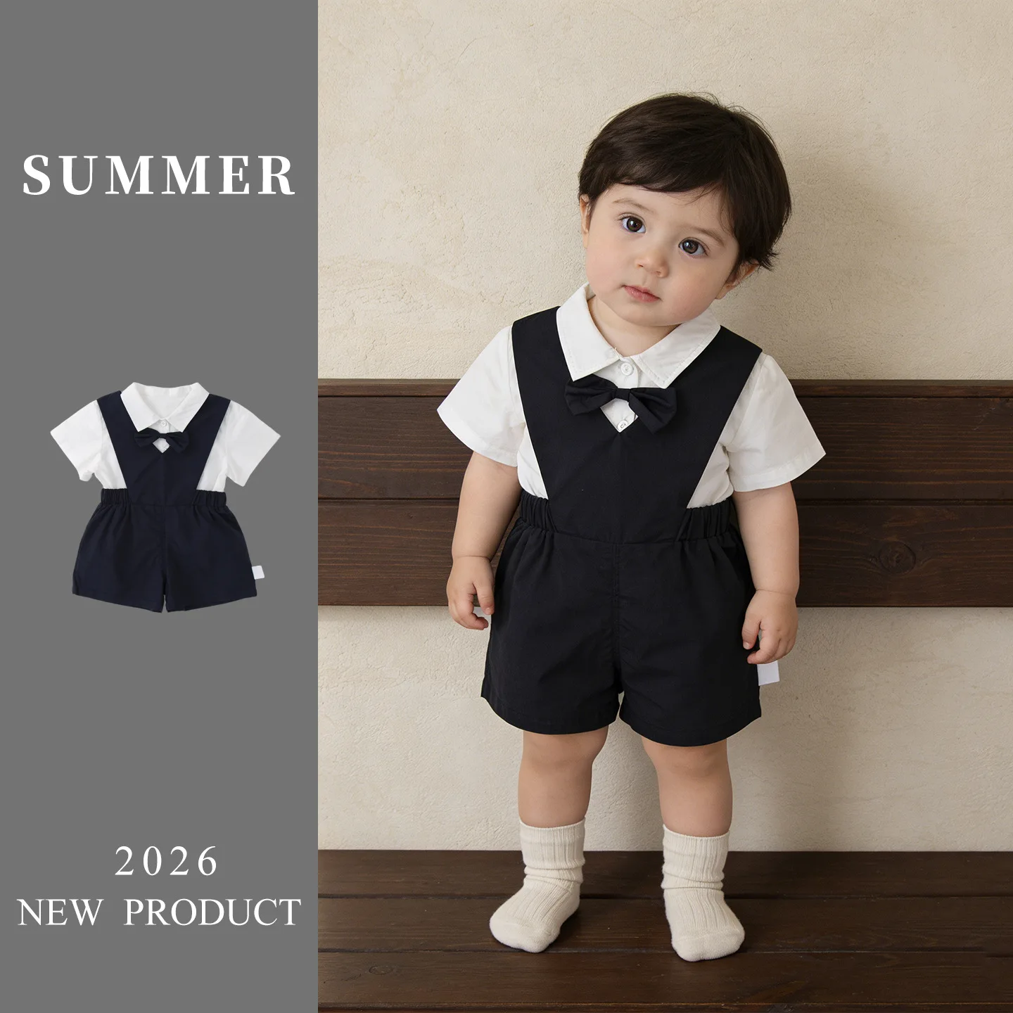 Baby Boys Gentleman 2pcs Overalls Set Bow Tie White Shirt+Suspender Shorts 1st Birthday Outfits Kids Handsome Suit