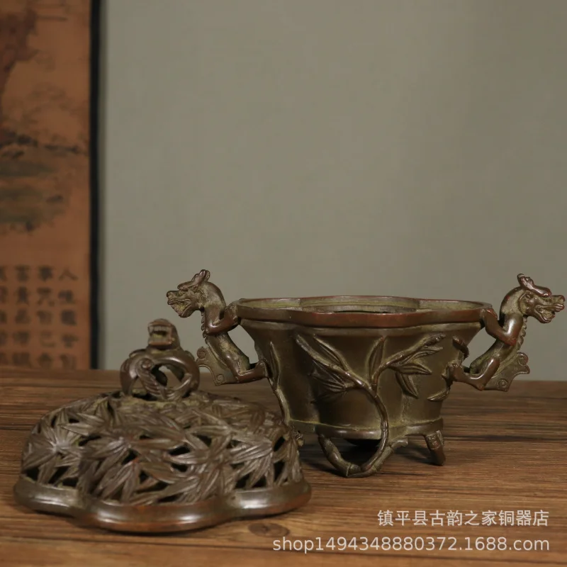 Pure Antique Copper Double Ear Bamboo Incense Burner Craft Ornament