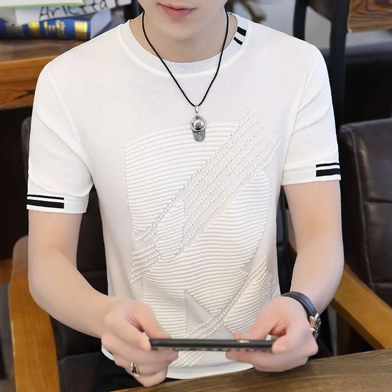 

ortsved Ice Silk T-irt Men's Slim Fit Summer Dr Cloth Geometric Pattern ort Sve Casual Top for Youth