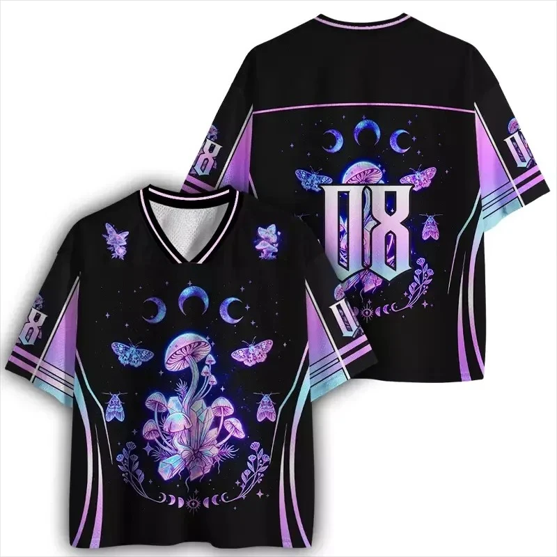 Summer Fashion Gothic Style Gothic Sci-fi Virtual Psychedelic Mushroom 3D Printed Loose Short Sleeved Street V-neck T-shirt