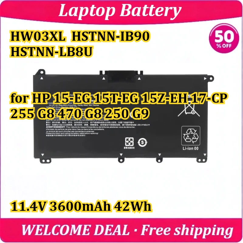 

[New] HW03XL HSTNN-IB90 HSTNN-LB8U for HP 15-EG 15T-EG 15Z-EH 17-CP 255 G8 470 G8 250 G9 Laptop Battery 11.4V 3600mAh 42Wh