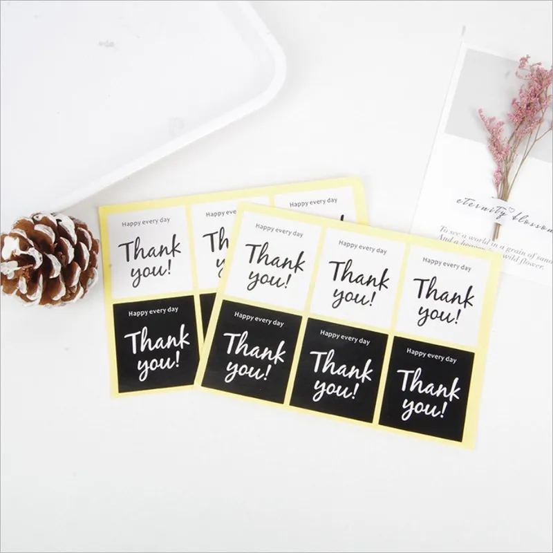 600 Pcs/lot Square thank you sealing sticker Black and white cake egg yolk snowflake pastry packaging box decorative sticker