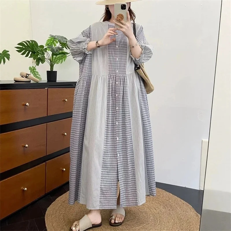 

Japanese Mori Girl Vintage Plaid Striped Patchwork Cotton Shirt Dress Women Spring Stand Collar Long Sleeve Casual Loose Dresses