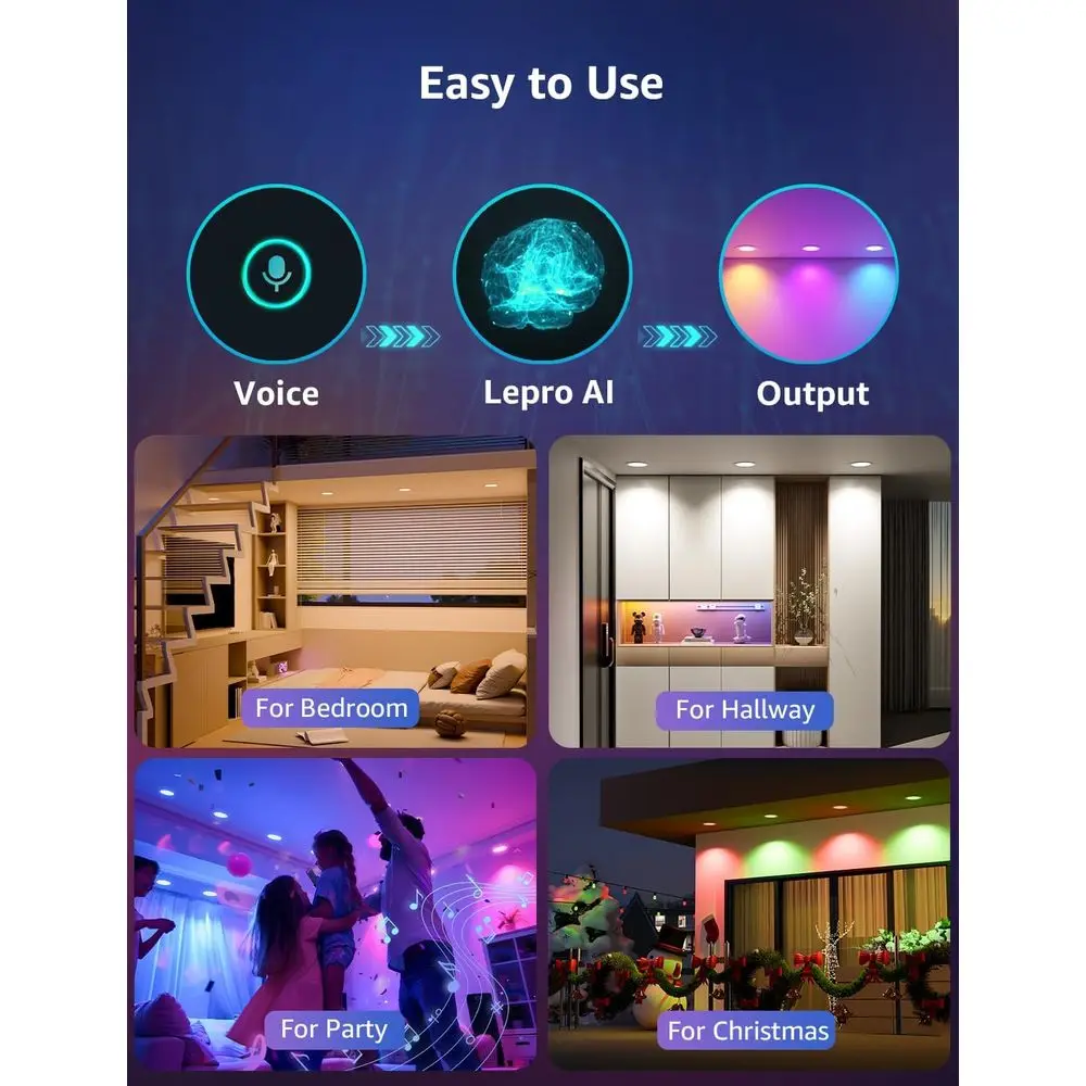 Luz LED Embutida de 6 Polegadas - Designer de Iluminação Personalizado com IA, Luzes Quentes Reguláveis que Sincronizam com Música, Downlights Inteligentes que Funcionam com Wi-Fi