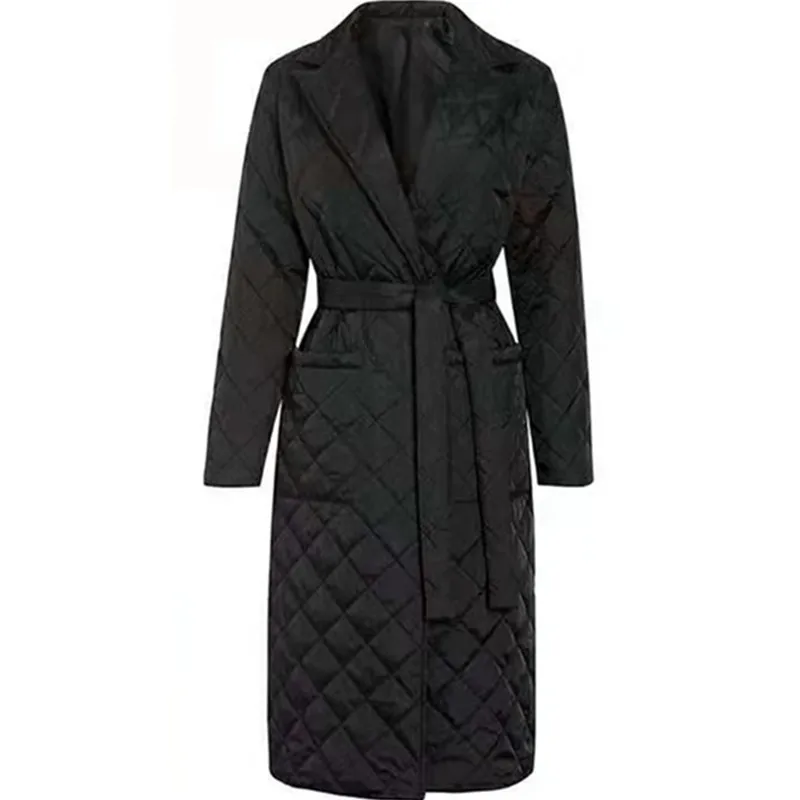 Quilted Coats Women Long Parkas Vintage Plaid Loose Belt Jacket Overcoat Female Mid-Length Coat Outwear пальто женское
