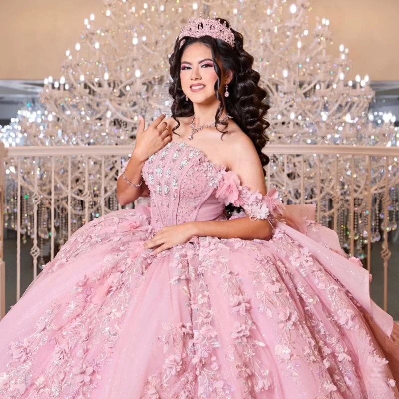 

Shiny Pink Quinceanera Dresses Glitter Crystal Decal off-shoulder 3D Flower Long tail Big Bow Vestido 15 Quinceanera Customize