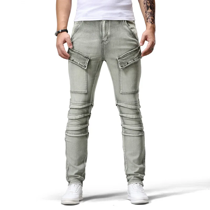 

Fashionable patchwork personalized design motorcycle jeans men's trend small foot street retro distressed pants