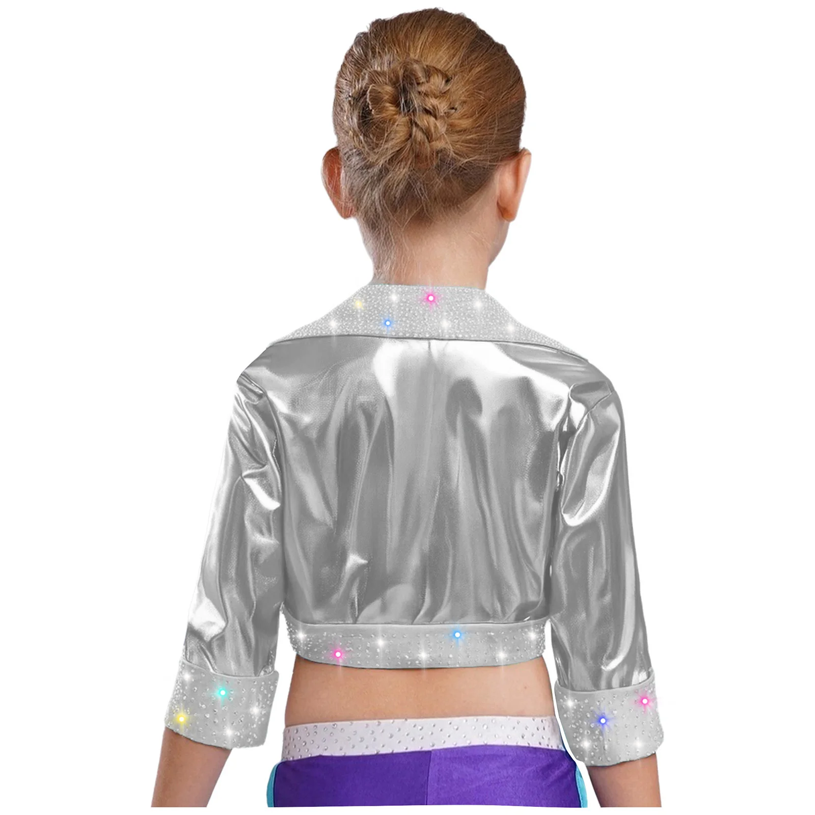 Kids Girls Jacket Coat Jazz Hip Hop Dance Crop Top Outerwear Lapel Collar Long Sleeve Shiny Rhinestones Metallic Coat Streetwear view 4