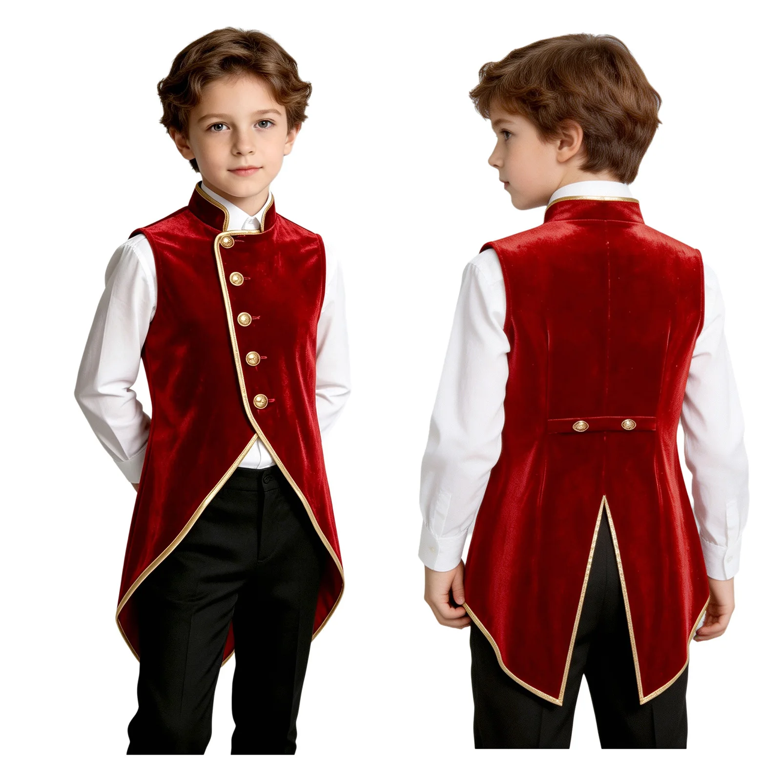Veste rétro médiévale en velours pour garçons, avec fente arrière, bordure métallique, boutons, sans manches, pour soirée à thème Halloween ou mascarade.