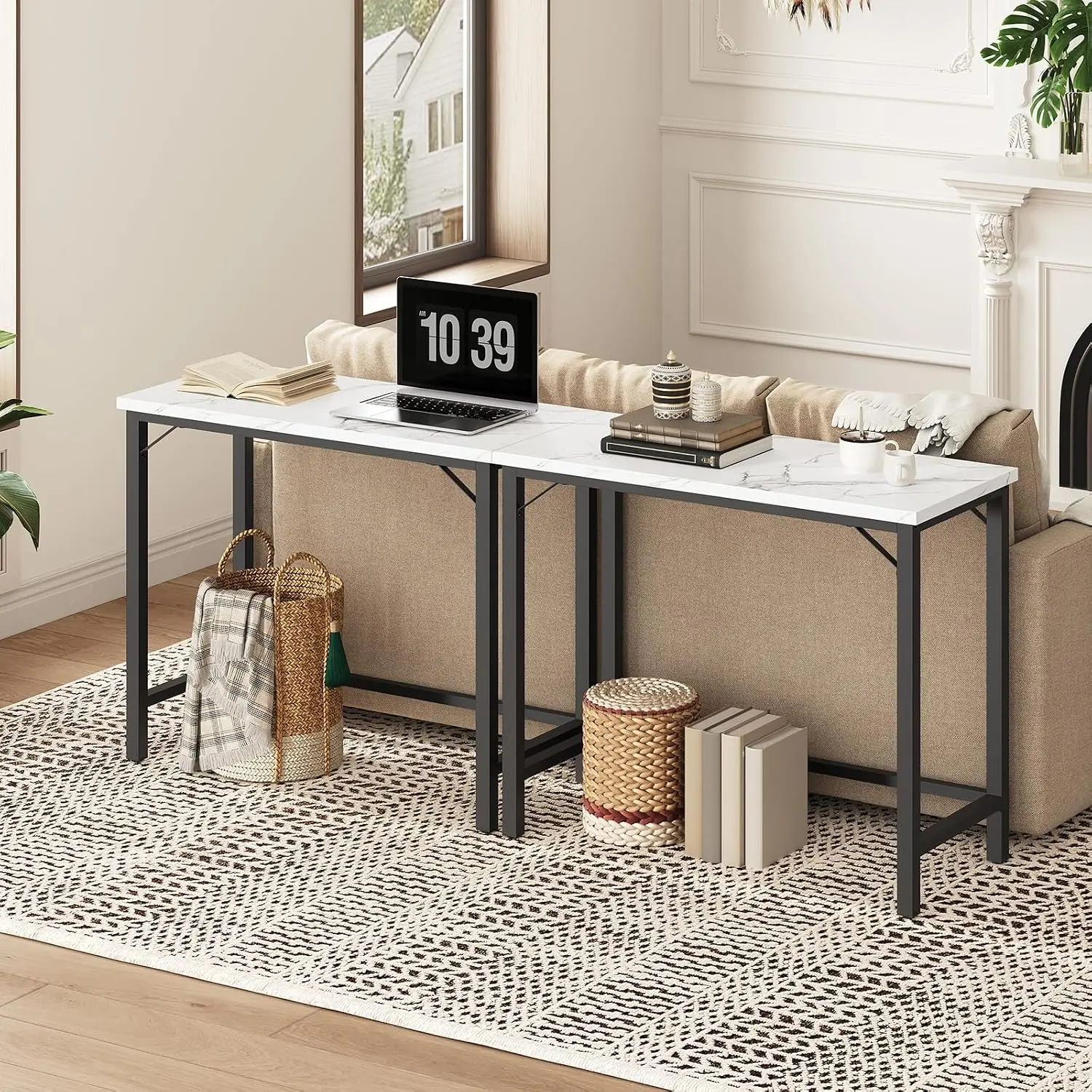Narrow Bar Table, 63-Inch Pub for Dining Room, Counter with Sturdy Metal Frame, Connectable, Multifunctional Console, Marble and