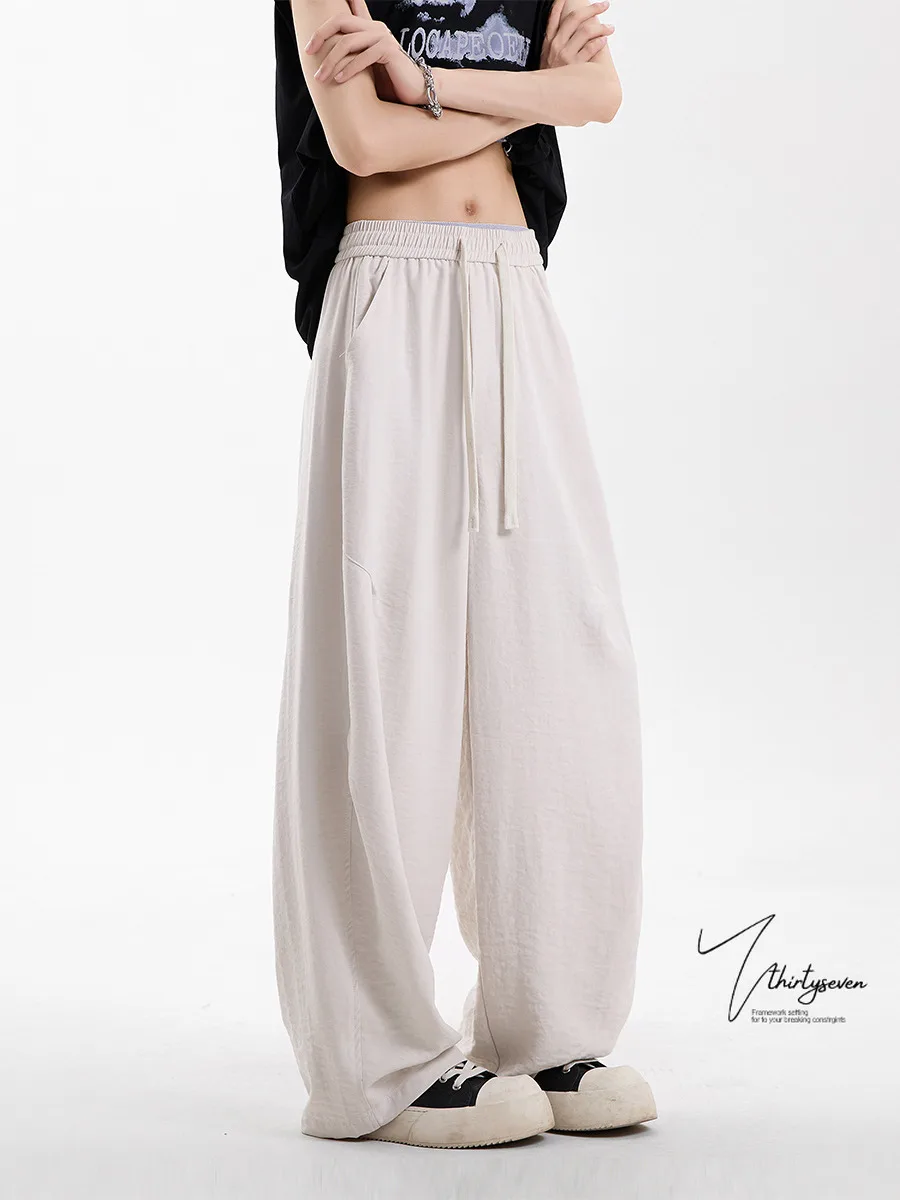 

V37 Американские повседневные брюки Мужские широкие брюки Qui Dry Ice Silk Осенние тонкие ленивые драпированные свободные брюки прямого кроя