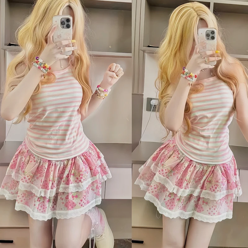 Women Floral Mini Skirt Kawaii Summer 2024 Ruffles Japanese Y2k Cute Girls Sweet Cake Pomp Skirt Layered Short Skirts faldas