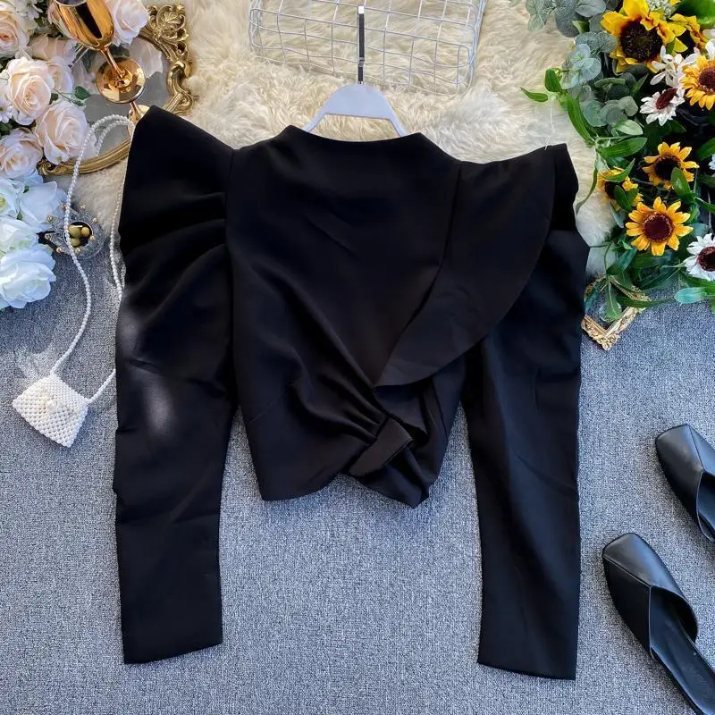 2023 T-shirt Long sleeved ruffled high collar solid color top with back cardigan zipper  womens tops and blouses