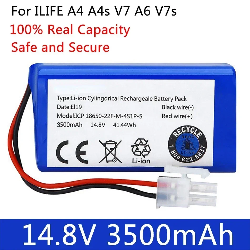 Batterie Lithium Originale pour Aspirateur Robot ILIFE A4 A4s V7 horizon V7s Plus, Capacité Réelle 14.8, 3500 V, 18650.00 mAh, ILIFE 4S1P