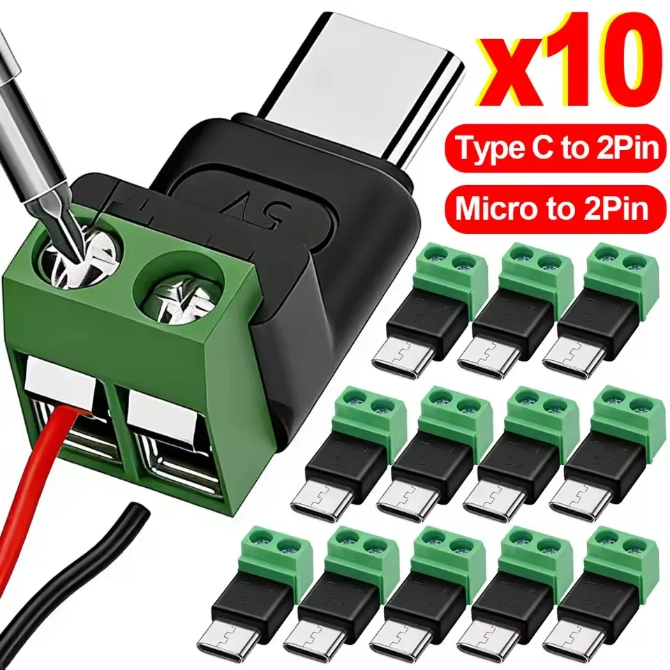 Type C/Micro Female To 2 Pin Terminal Block Solderless Charging Connector 5V USB C Screw Terminal Solderless Plug OTG Adapters