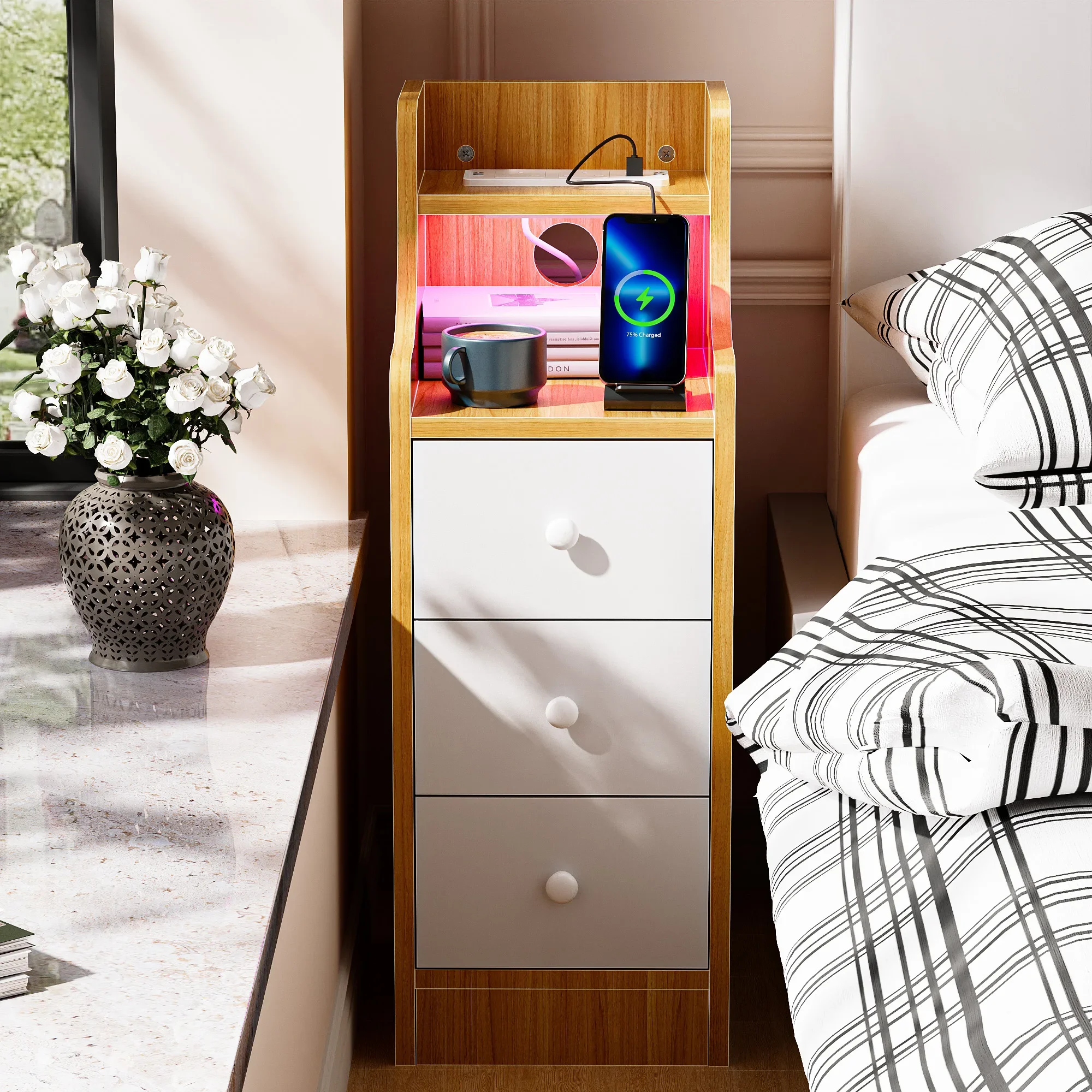 3 i Drawer Open Shelf Nightstand With Bluetooth Function/2AC/2USBSockets/0.24m Light Strip/For Bedroom Living Room Sofa UK Plug