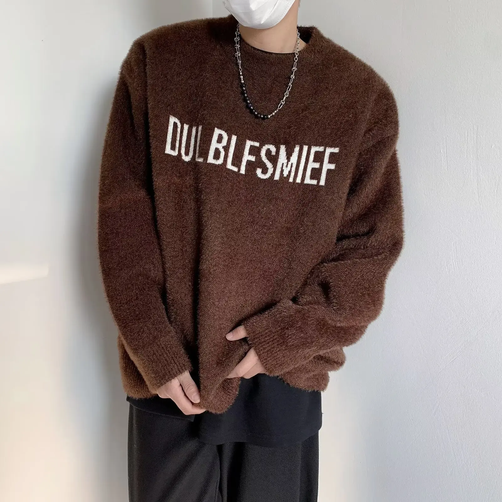 

Свободный американский круглый трикотаж Ne, мужской повседневный свитер оверсайз, простой топ, модный осенне-зимний большой размер 250, сум