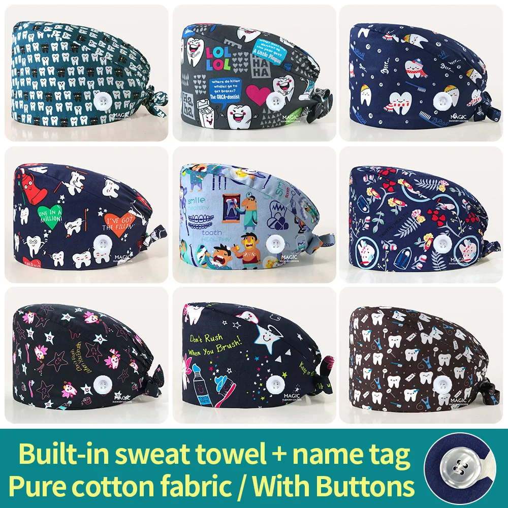 Gorro médico con estampado de dientes para mujer, gorro de trabajo de algodón con estampado de Calavera, transpirable, para clínica de mascotas y enfermería