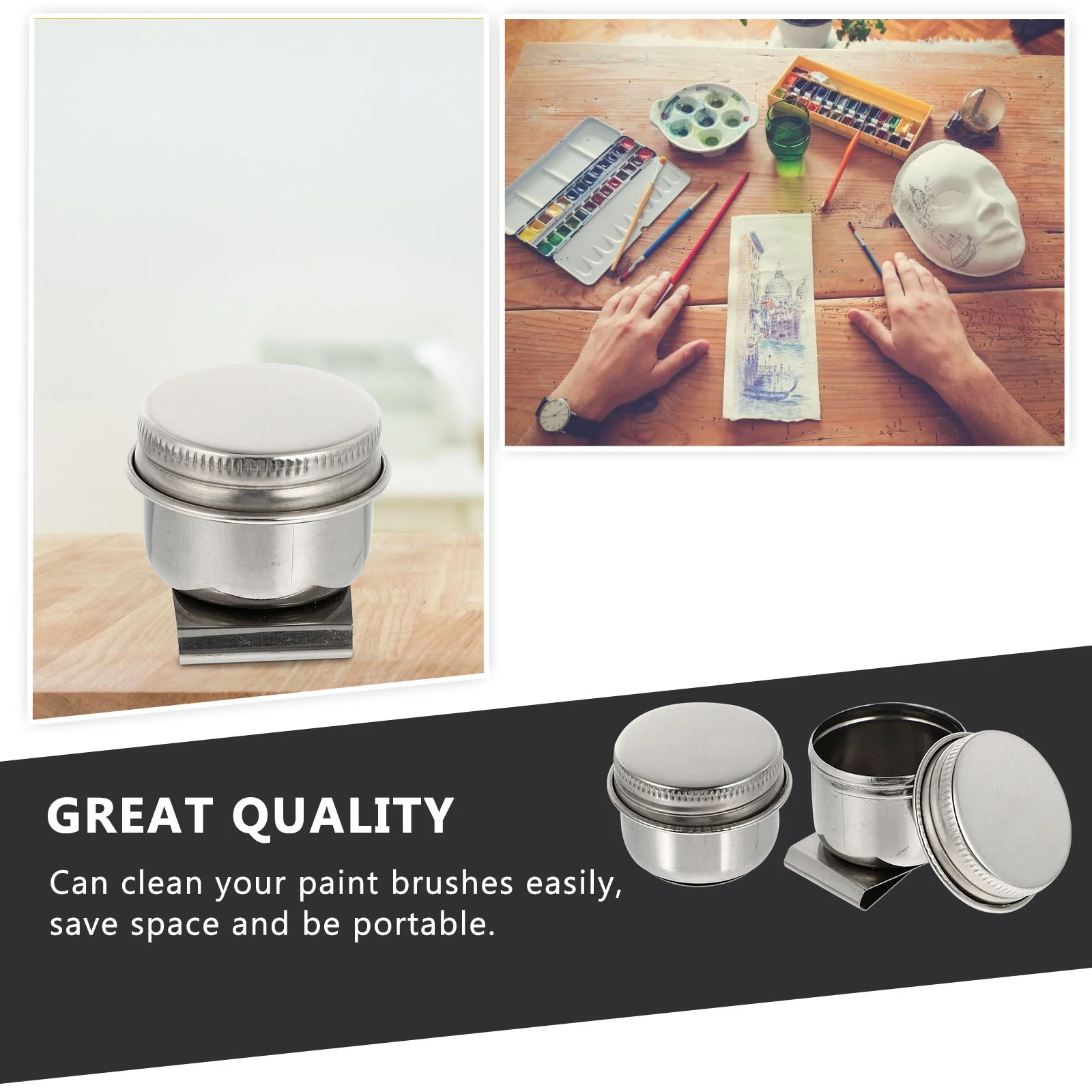 2 Pcs Container Variety Pen Pot Double Dipper Palette Cup 45X42X35CM Stainless Steel Oil For Painting