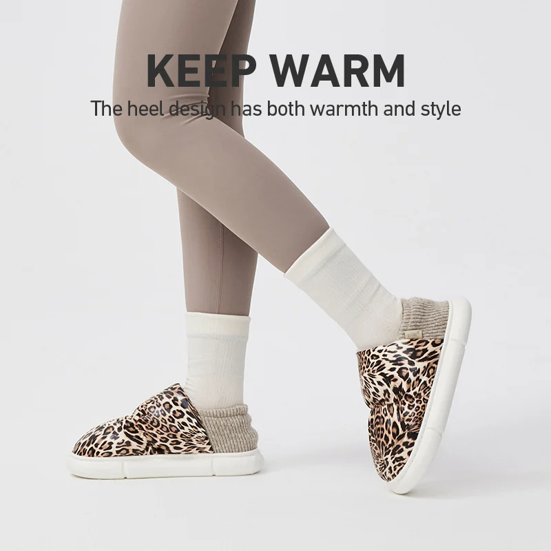 UTUNE Leopard Print Toast Winter Women Slippers Warm Soft Waterproof Non-slip Outside Shoes Men Plush Flats Couple Home Slides