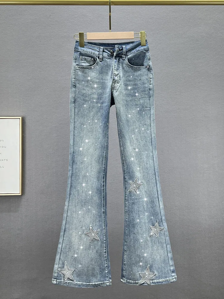 Fashion Embroidered Rhinestone High Waist Skinny Jeans Spring Autumn 2026 Elastic Slimming Women's Sequined Wide-Leg XJ609