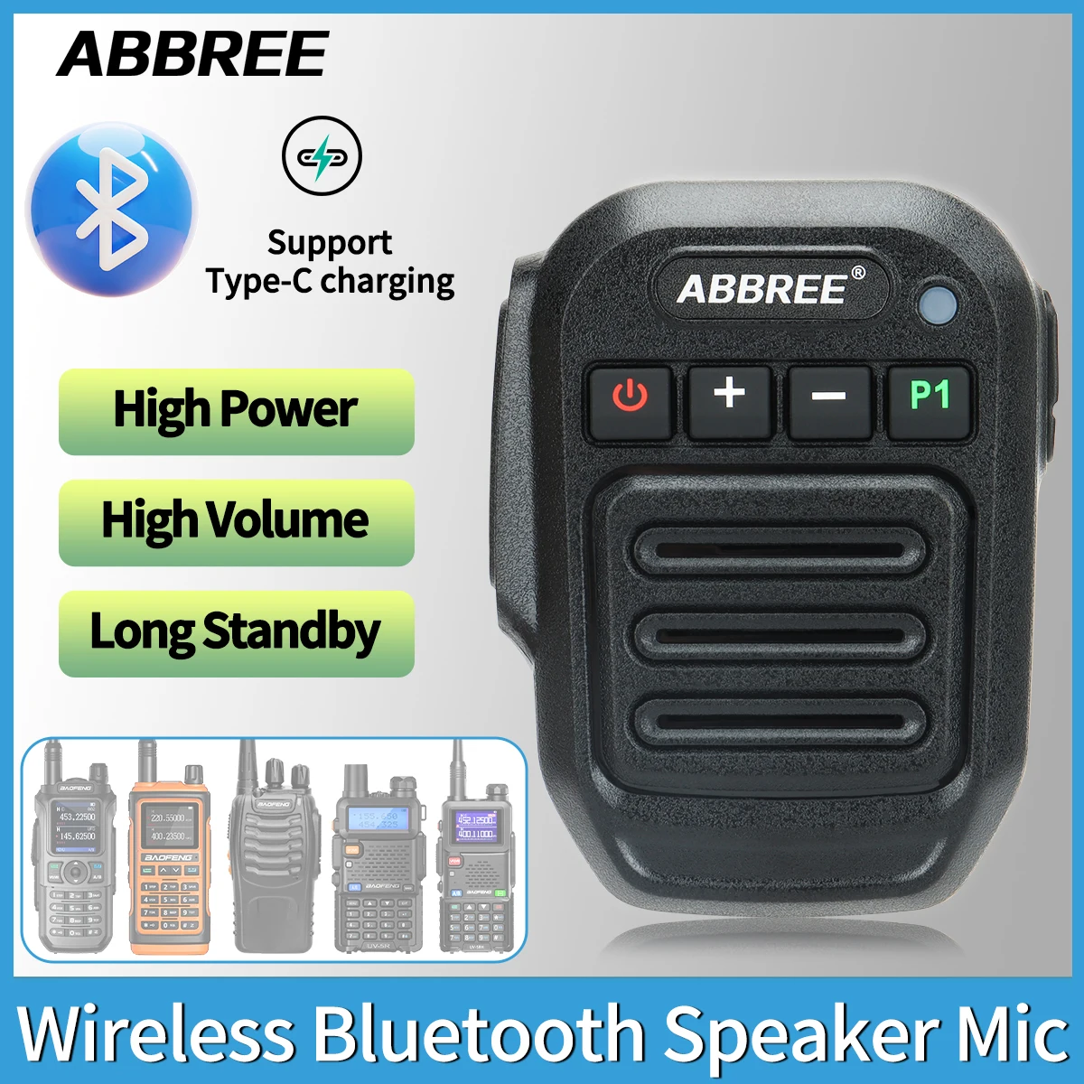 ABBREE Bezprzewodowy mikrofon z głośnikiem Bluetooth Mikrofon ręczny typu C o dużej mocy Baofeng UV-5RH 21 Quansheng UV-K5(8) Walkie Talkie