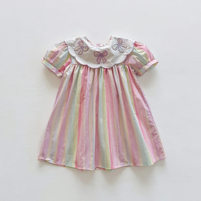 Baby doll Collar Bow Embroidered Short Sleeve Girl Dress2025Summer Colorful Striped Sweet Princess Dress