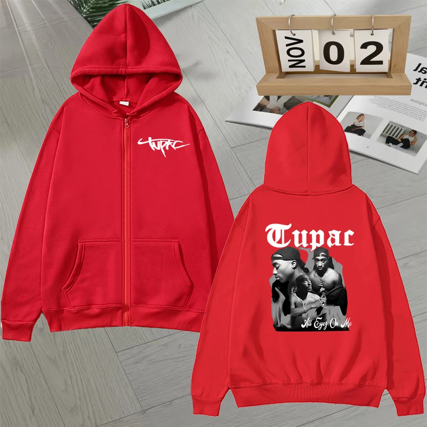 Tupac 2pac Graphic Double Sided Print Autumn Winter Zip Up Long sleeve Hoodie Men Women Loose jacket Fleece Unisex Zip Up Coats