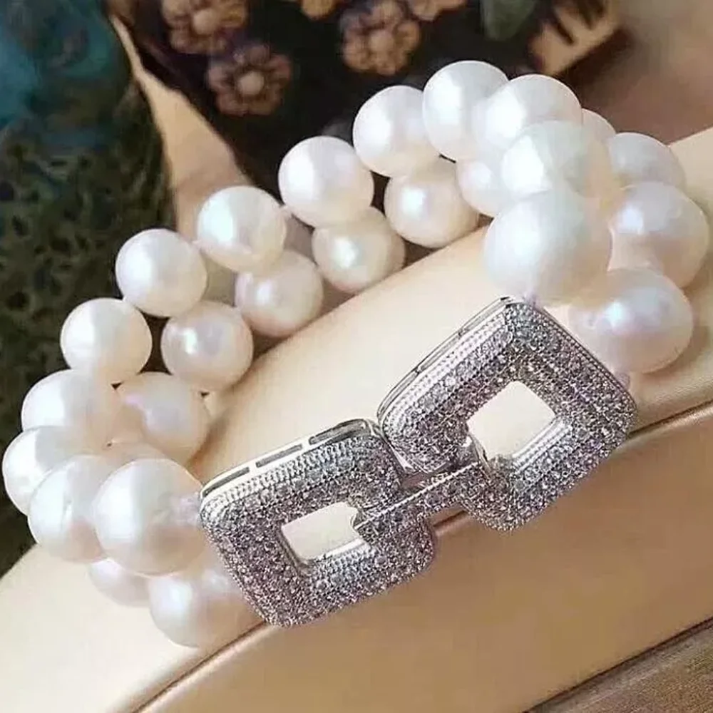 Two rows of AAA 10-11 mm round South Sea white pearl bracelet 7.5-8 inch 925s