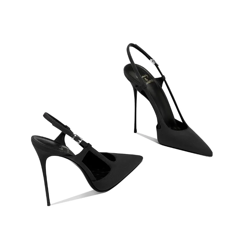 

2025 Autumn New Black Temperament Suede Luxury Versatile Small Sandals French Pointed Stiletto High Heels for Women