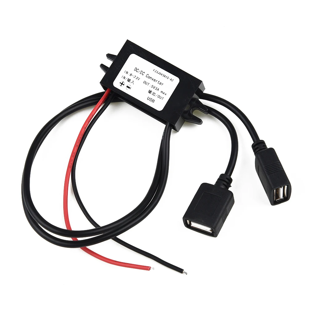 DC Voltage Step Down Converter with Dual USB Ports 12V to 5V 3A Output Power Adapter for Vehicles and Outdoor Equipment