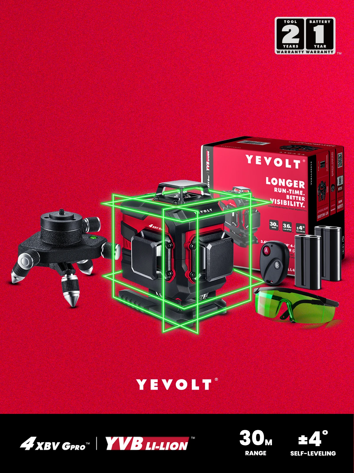 

YEVOLT YVGLL4XS16DP-GB 16 Lines Green Beam 4-Plane Laser Level with 360°Fine-Tuning Rotating Base Glasses All Day Work Machine